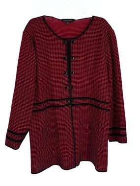 MING WANG Knit Jacket Cardigan Red Black Size 2X Faux Button Collarless